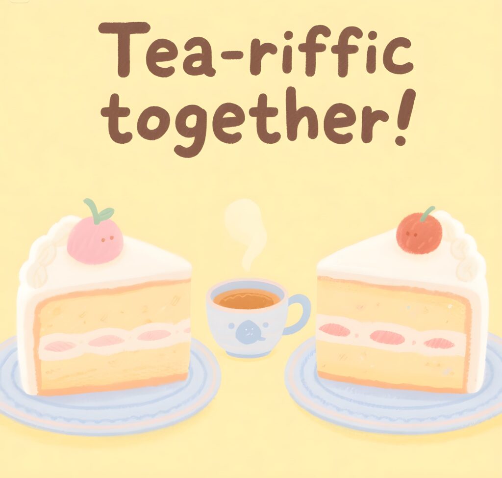 Fun image of "tea-riffic together" featuring playful cake puns in a cheerful design.