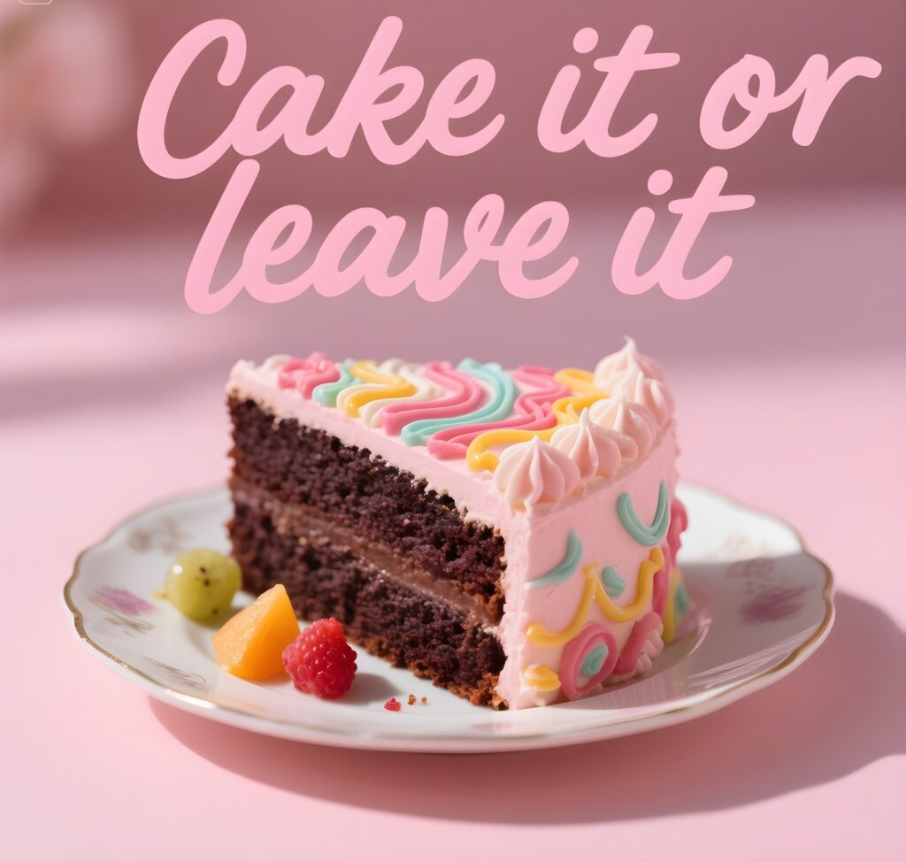 Image displaying "tea-riffic together" with whimsical cake puns, creating a lighthearted atmosphere.