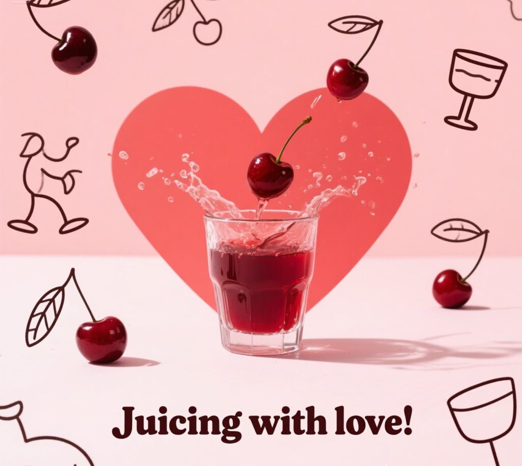 Cherry puns juicing scene celebrating love, fun, and creativity.