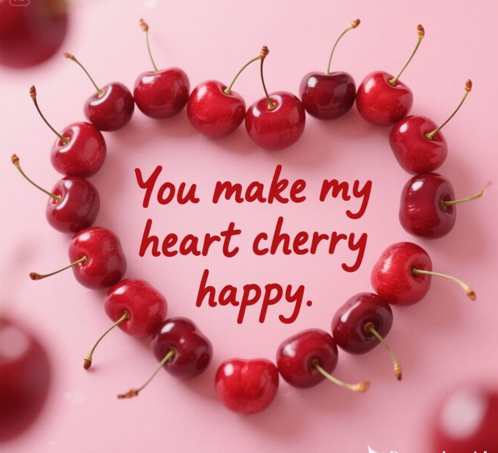 Playful romantic cherry puns graphic with cute hearts and happy vibes.