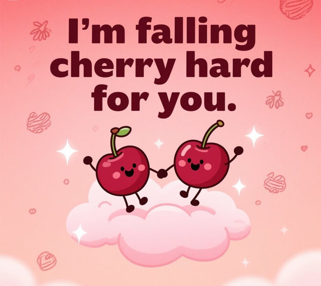Adorable cherry puns illustration with two cherries in love.