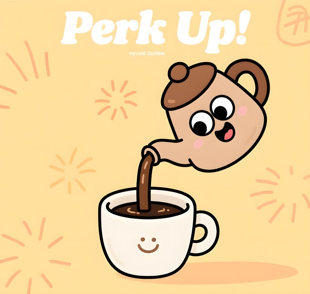 A cozy coffee shop with a playful sign saying "Perk Up!" featuring coffee puns and a warm, inviting atmosphere.
