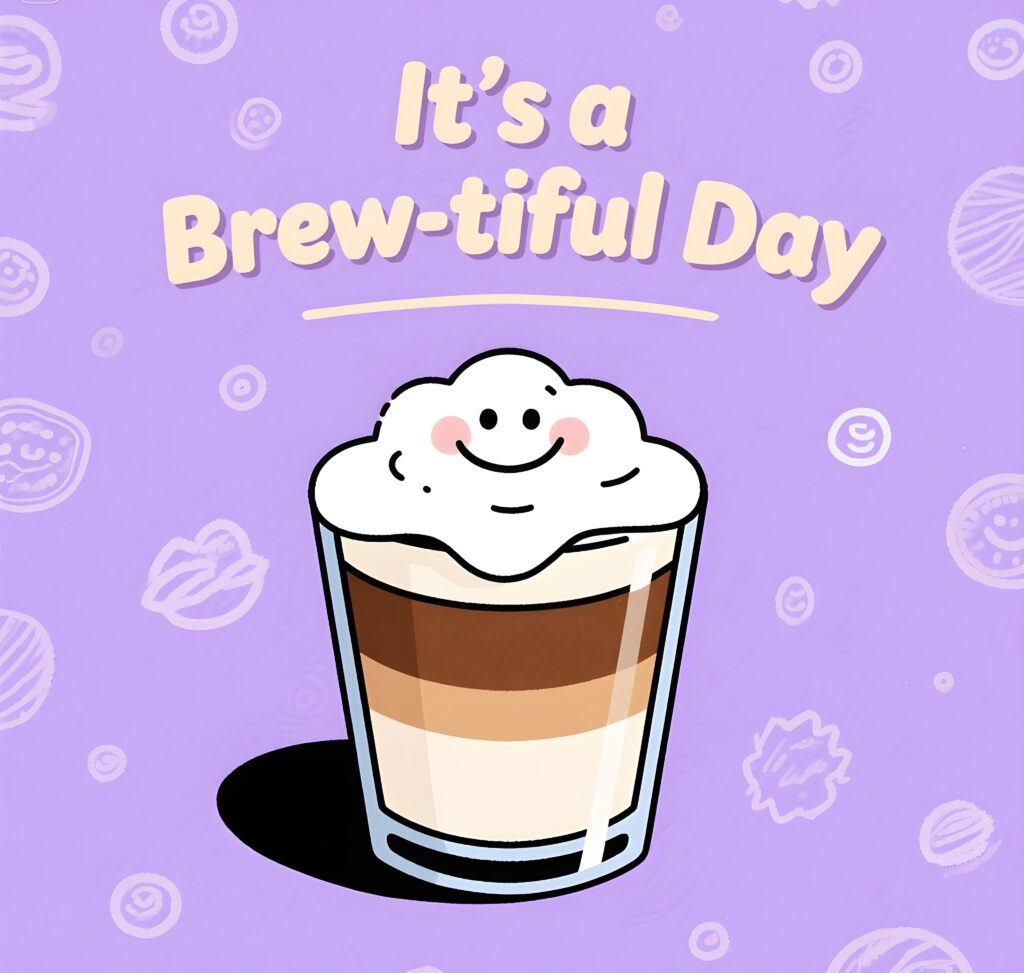 A playful image showcasing the phrase "it's a brew-tiful day" with coffee elements, emphasizing coffee puns and humor.
