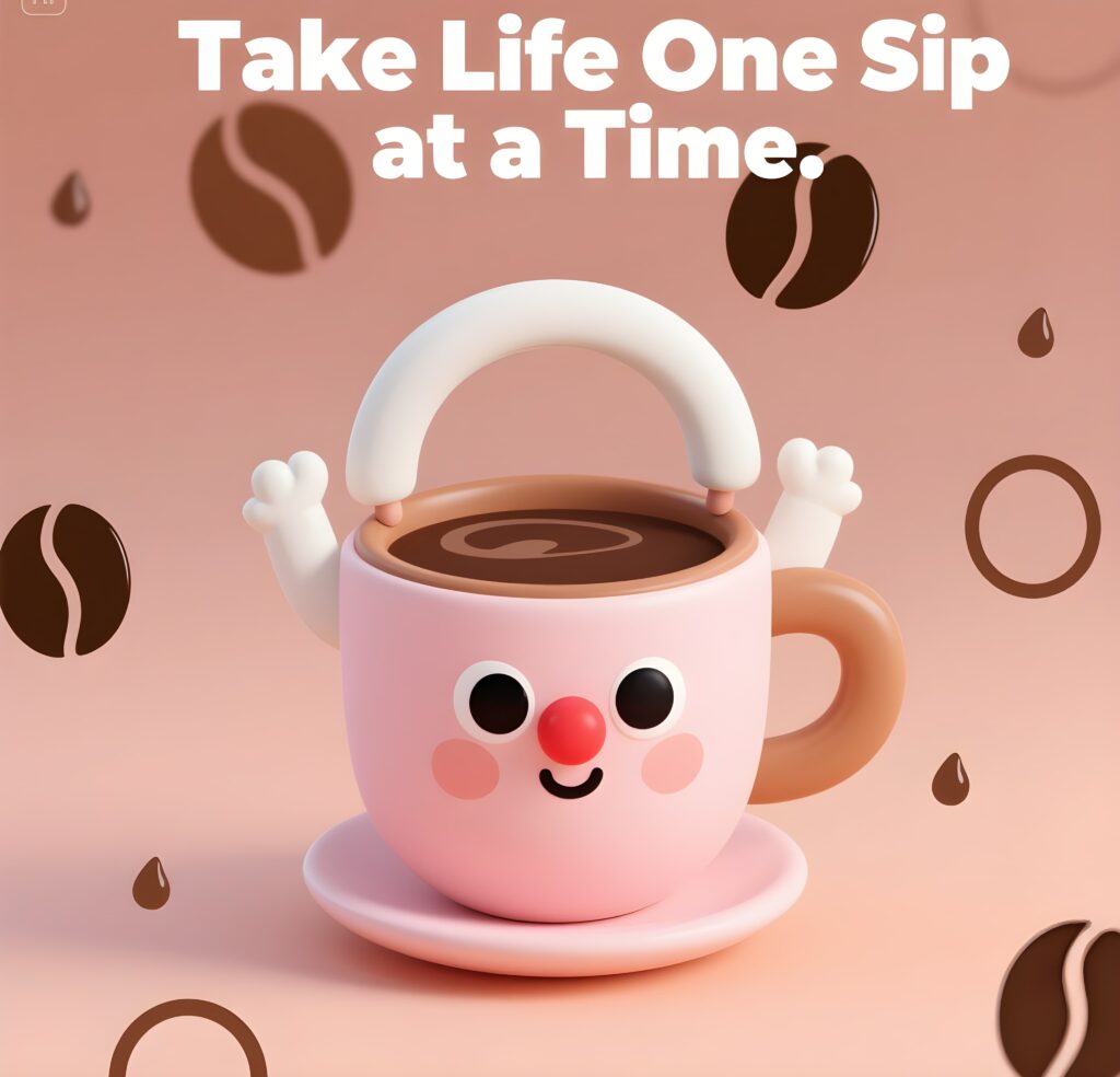 An artistic coffee cup displaying the words "Take life one sip at a time," showcasing a fun coffee-themed pun.