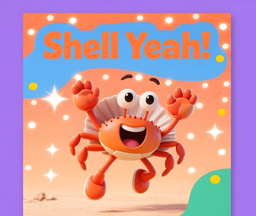 Birthday card with a fun crab pun saying shell yeah in bright, festive lettering.