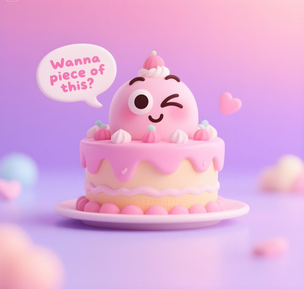 A whimsical cake topped with pink icing and a speech bubble, showcasing a clever cake pun for a lighthearted touch.