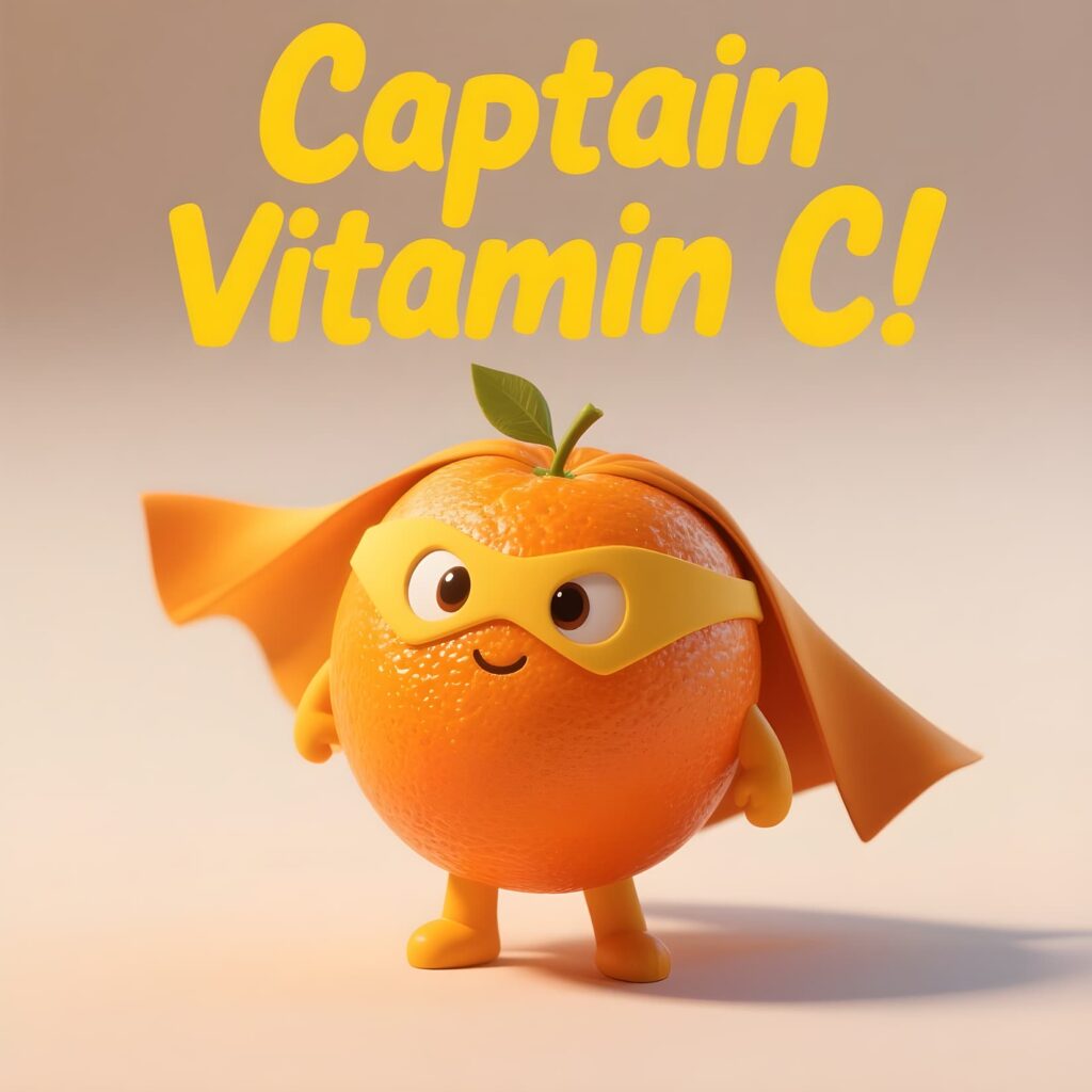 Cheerful character "Captain Vitamin C" with oranges, emphasizing health benefits through humorous orange-themed puns.