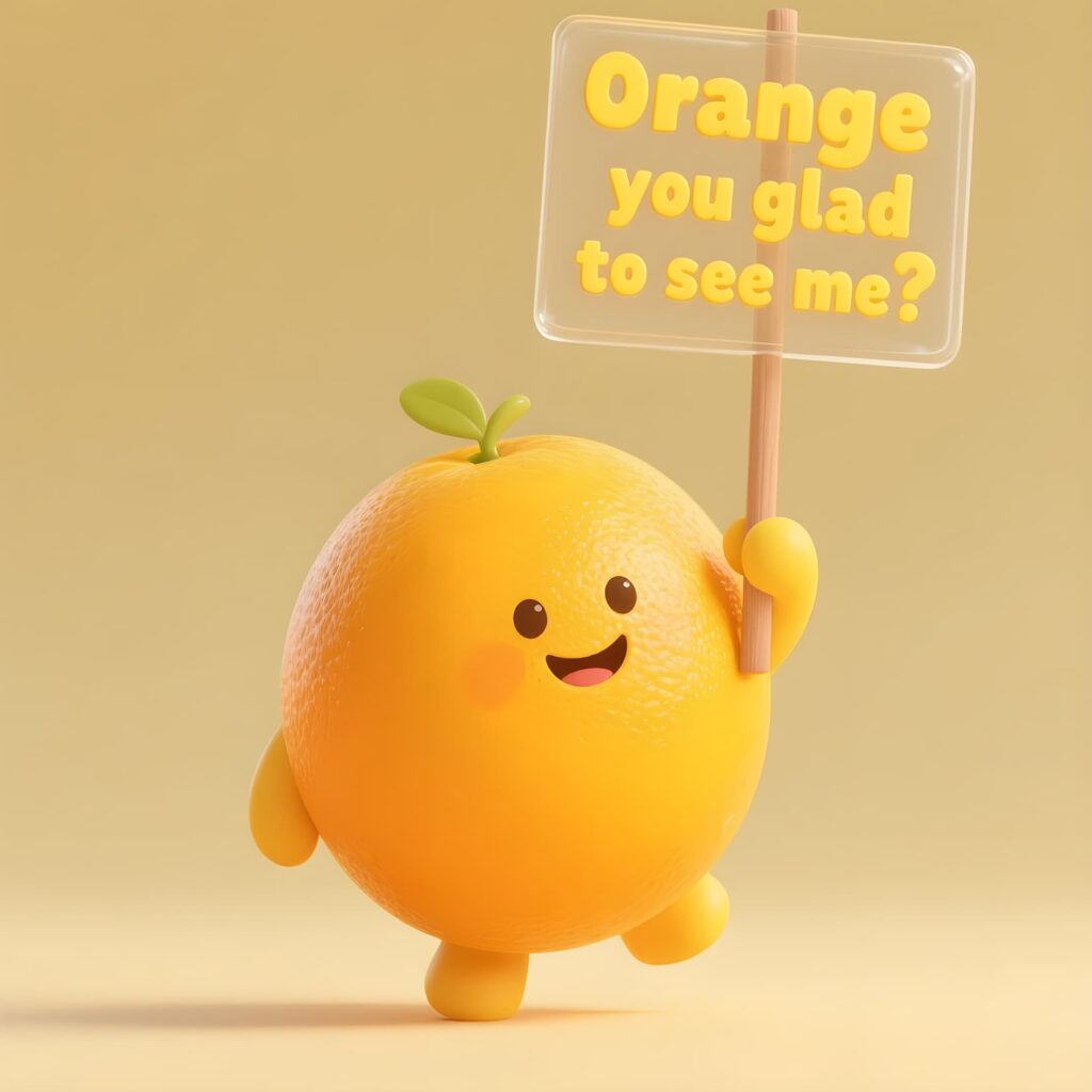 A cheerful orange character with a smile, accompanied by the pun "Orange you glad to see me?" in a fun, colorful font.