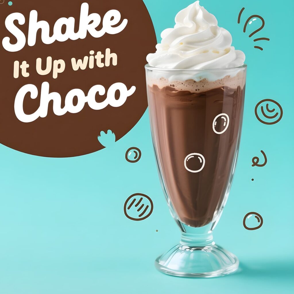 A fun chocolate milkshake with whipped cream and a cherry on top, perfect for a sweet treat and a pun-filled moment.