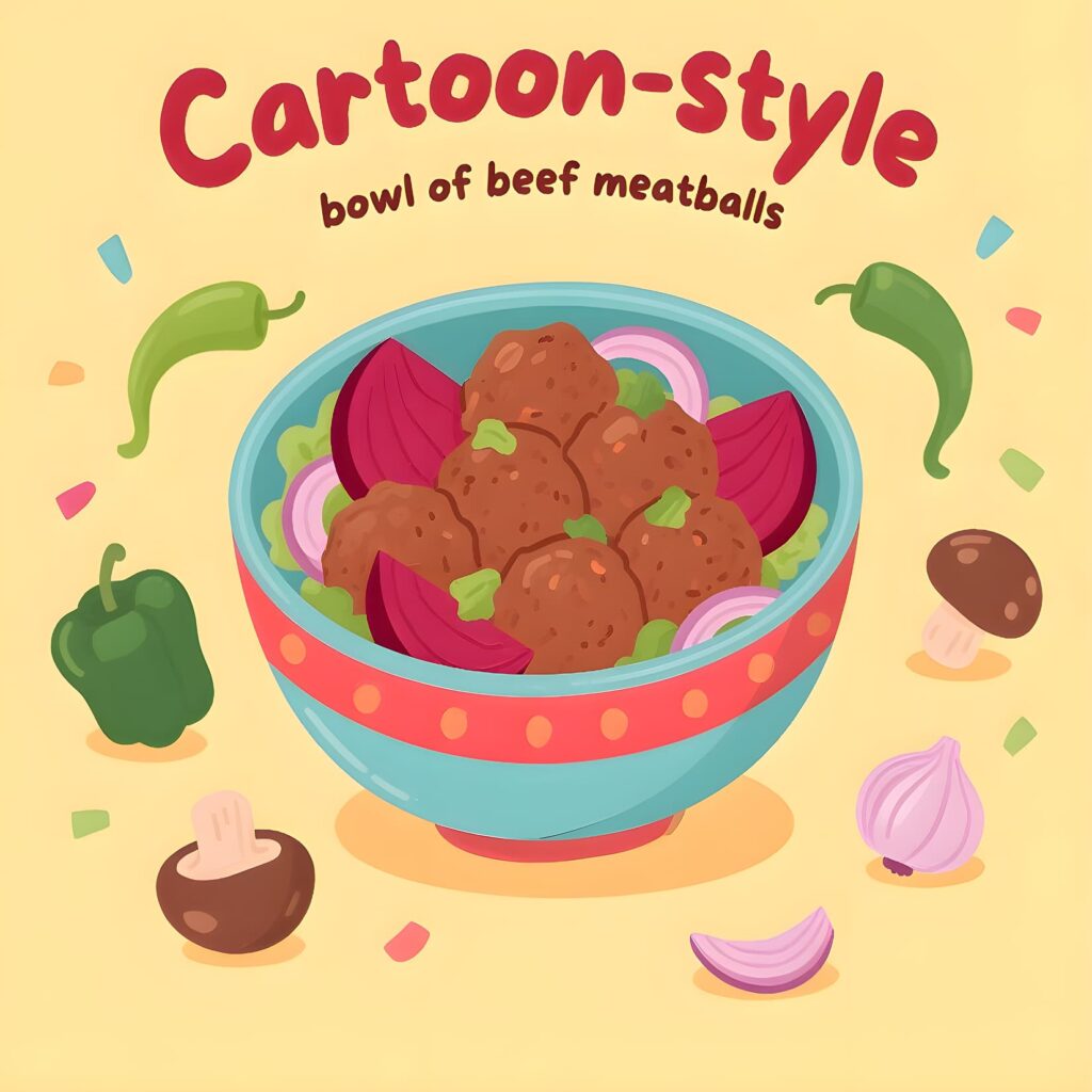 Colorful cartoon bowl overflowing with beef meatballs, highlighting humorous beef-themed puns.