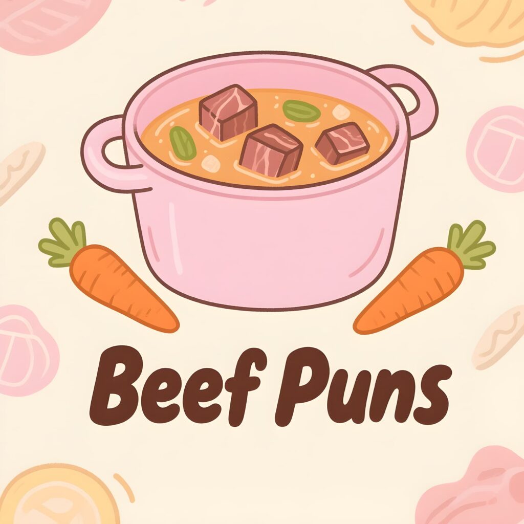 A whimsical icon for "Beef Puns," showcasing humorous beef-themed illustrations and text.
