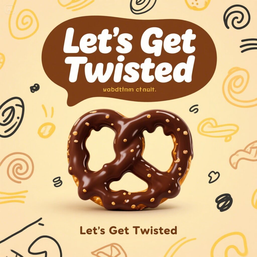 Fun ad showcasing "Let's Get Twisted" pretzels with clever chocolate puns and a delicious pretzel graphic.