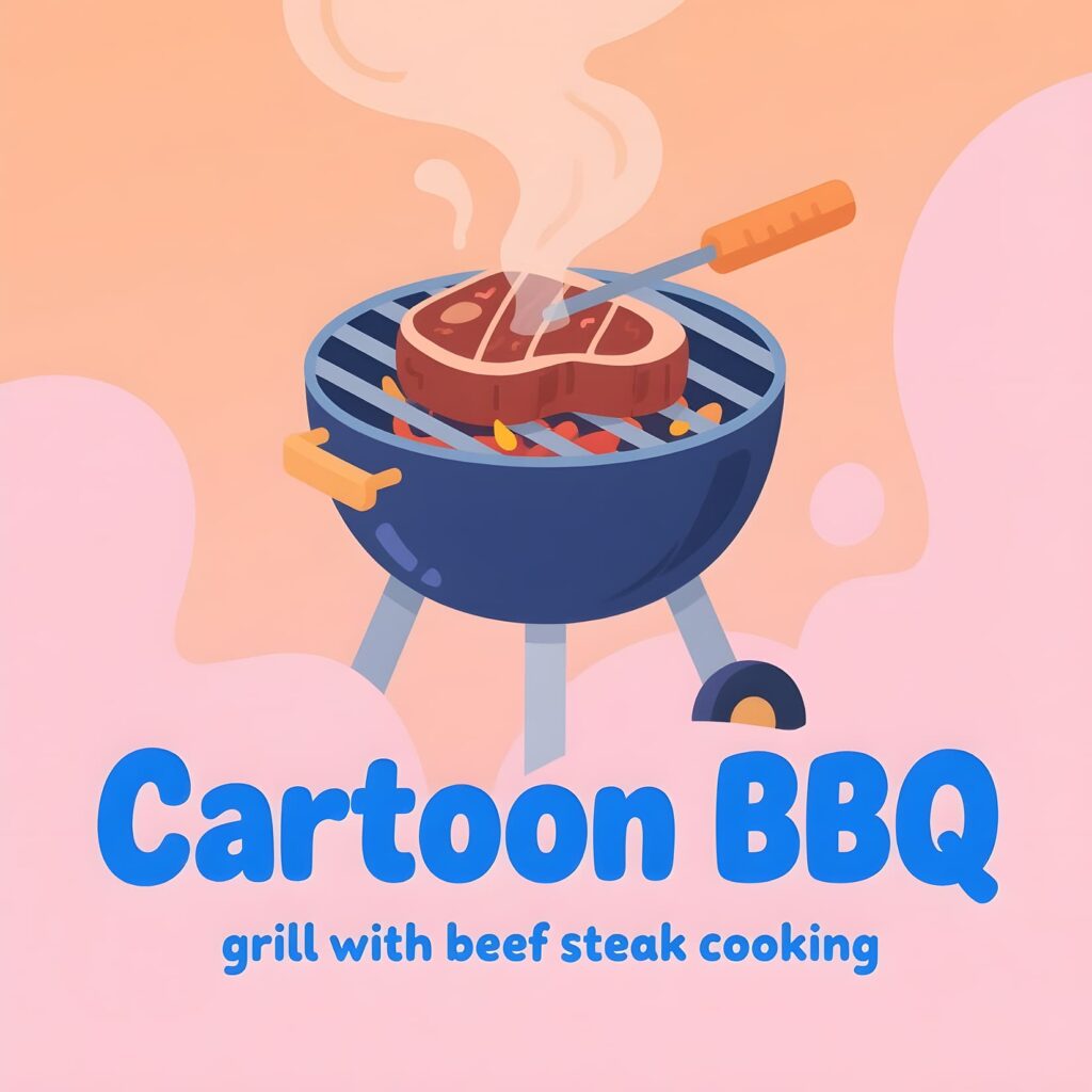 Colorful cartoon BBQ grill with a juicy beef steak cooking, surrounded by humorous beef puns for a lighthearted touch.