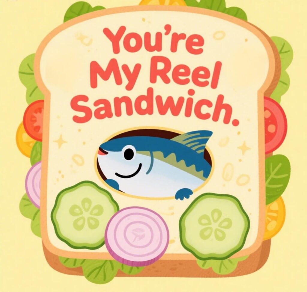 A playful graphic featuring a sandwich with tuna and the text "You're my reel sandwich," highlighting tuna puns.