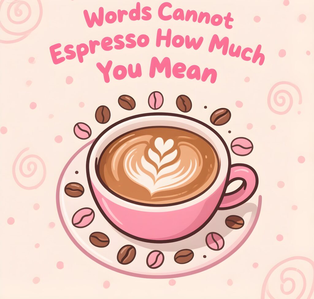 A whimsical design showcasing the text, "Words cannot espresso how much you mean," highlighting coffee-themed humor.
