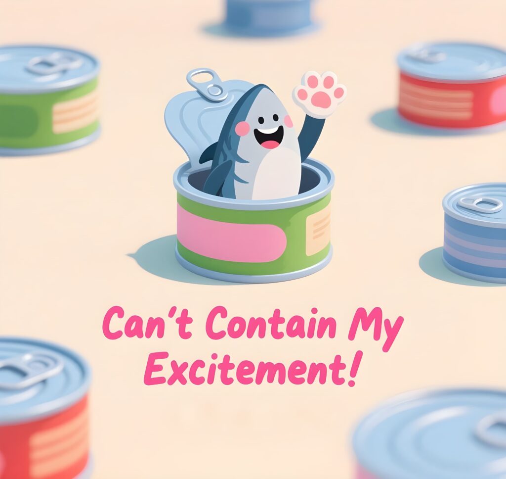 A tuna joyfully holding a sign with tuna puns, expressing excitement and humor.
