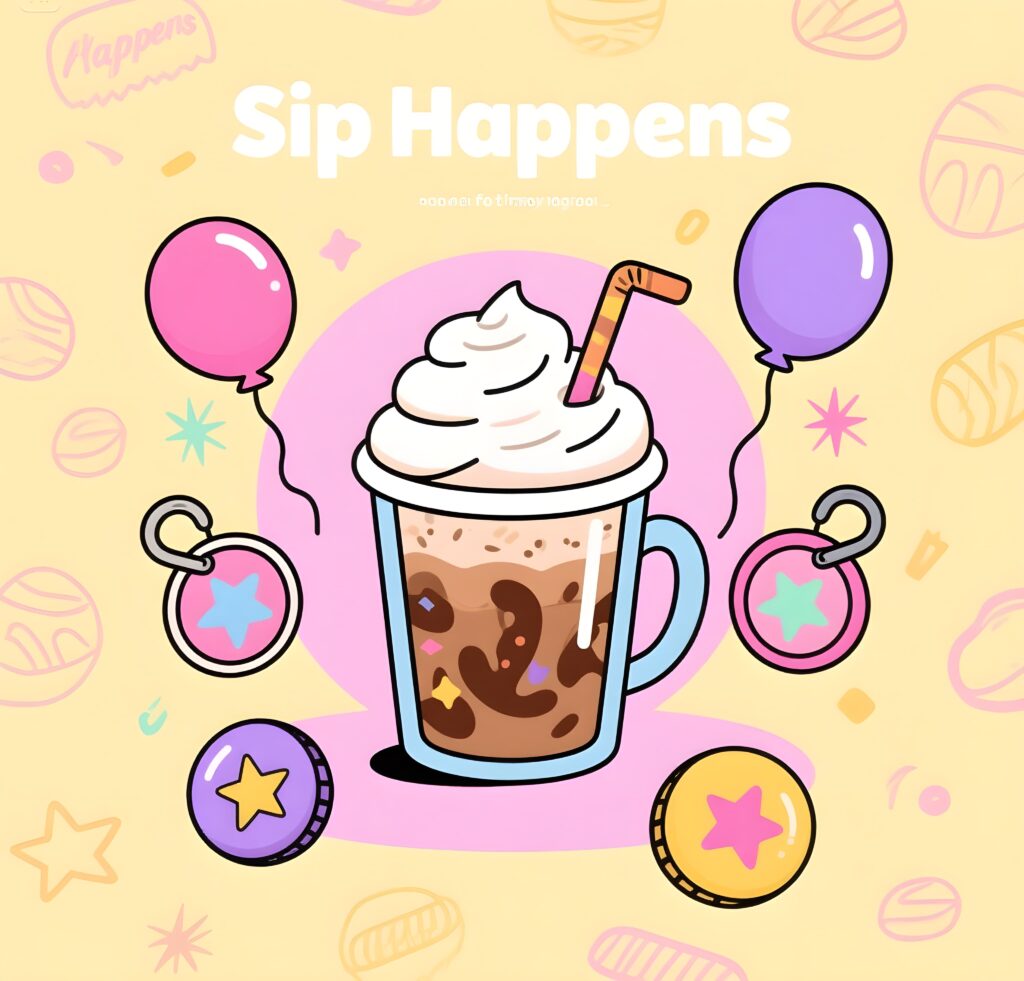 Colorful illustration of a coffee drink with the humorous phrase "sip happens," highlighting coffee-related puns creatively.