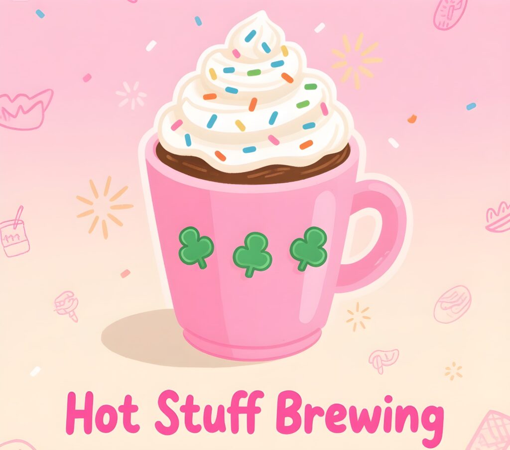 A vibrant coffee brewing scene featuring the phrase "Hot Stuff Brewing" and clever coffee puns for a lighthearted vibe.