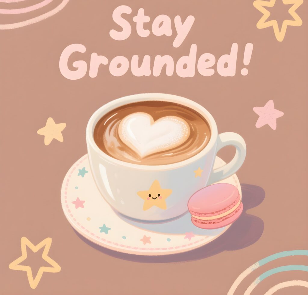  A coffee cup saying "stay grounded," paired with a macaron and stars, ideal for a fun coffee-themed vibe.
