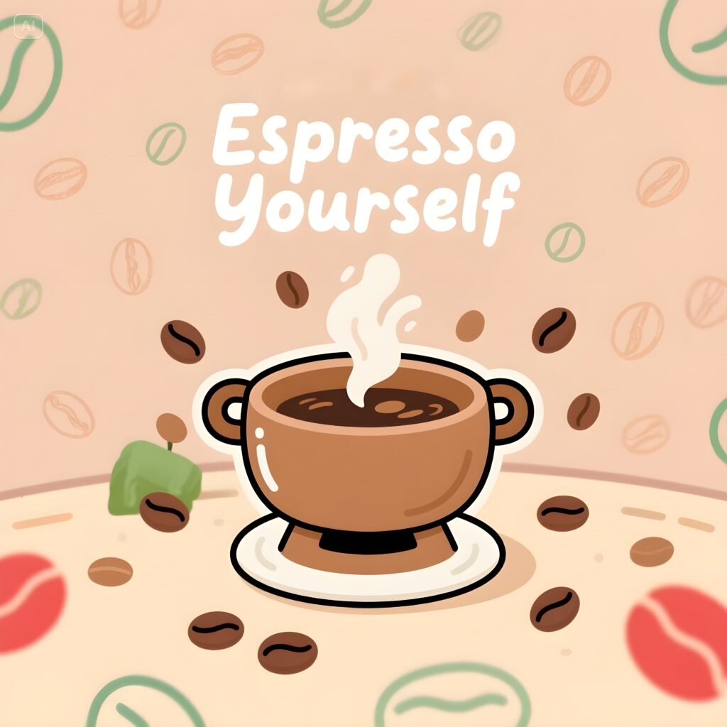 Illustration of a coffee cup with the phrase "espresso yourself," highlighting a playful coffee pun.
