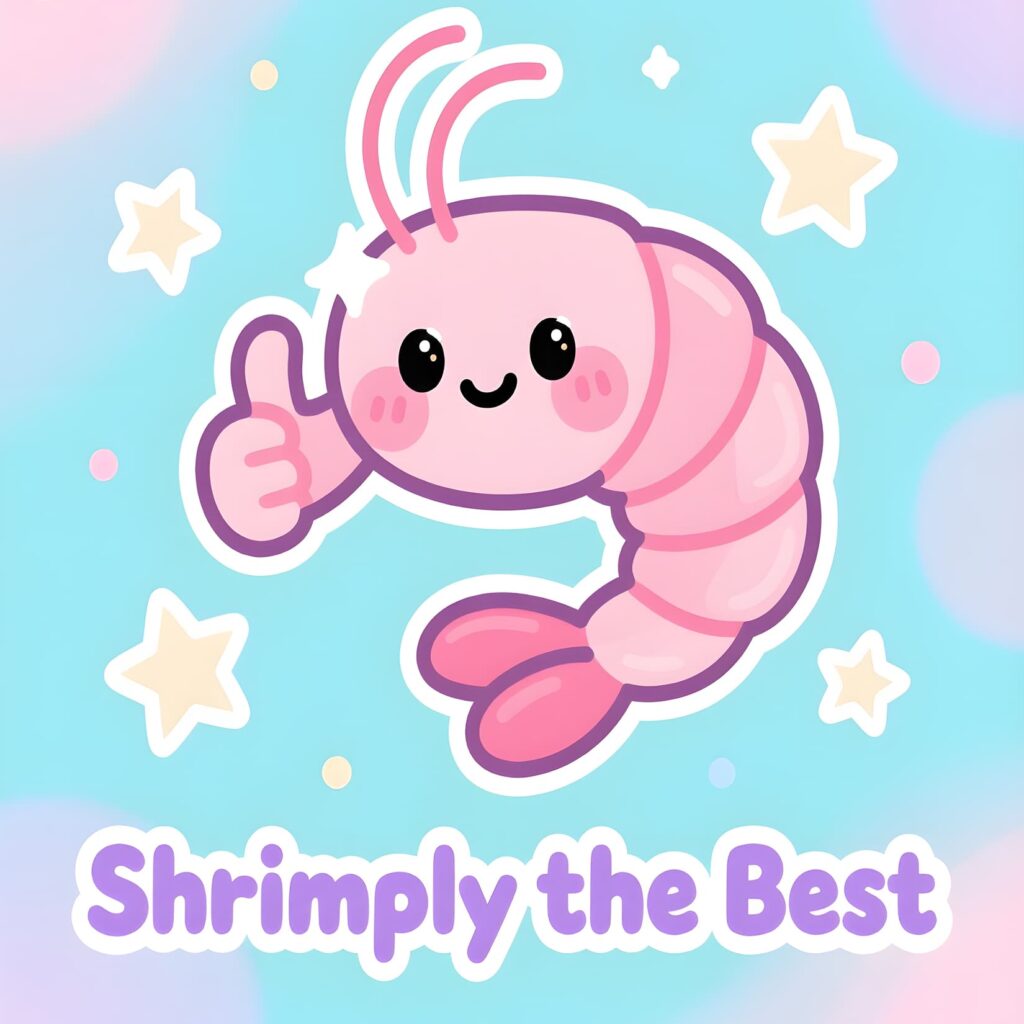 Adorable cartoon shrimp illustration of Shrimpy, showcasing a playful design with bright colors and shrimp pun elements.