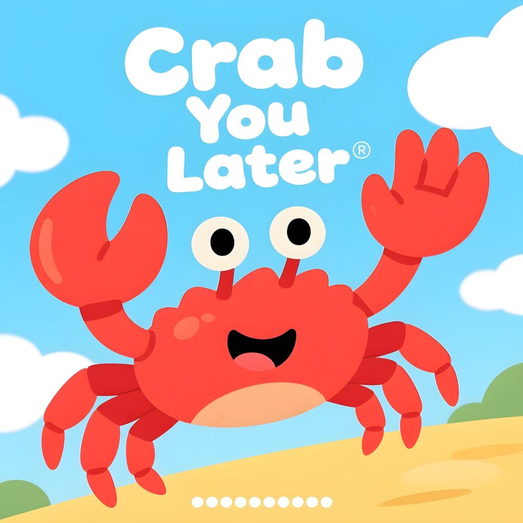 Colorful illustration of a crab with the text "Crab You Later" promoting a fun kids' game featuring crab puns.