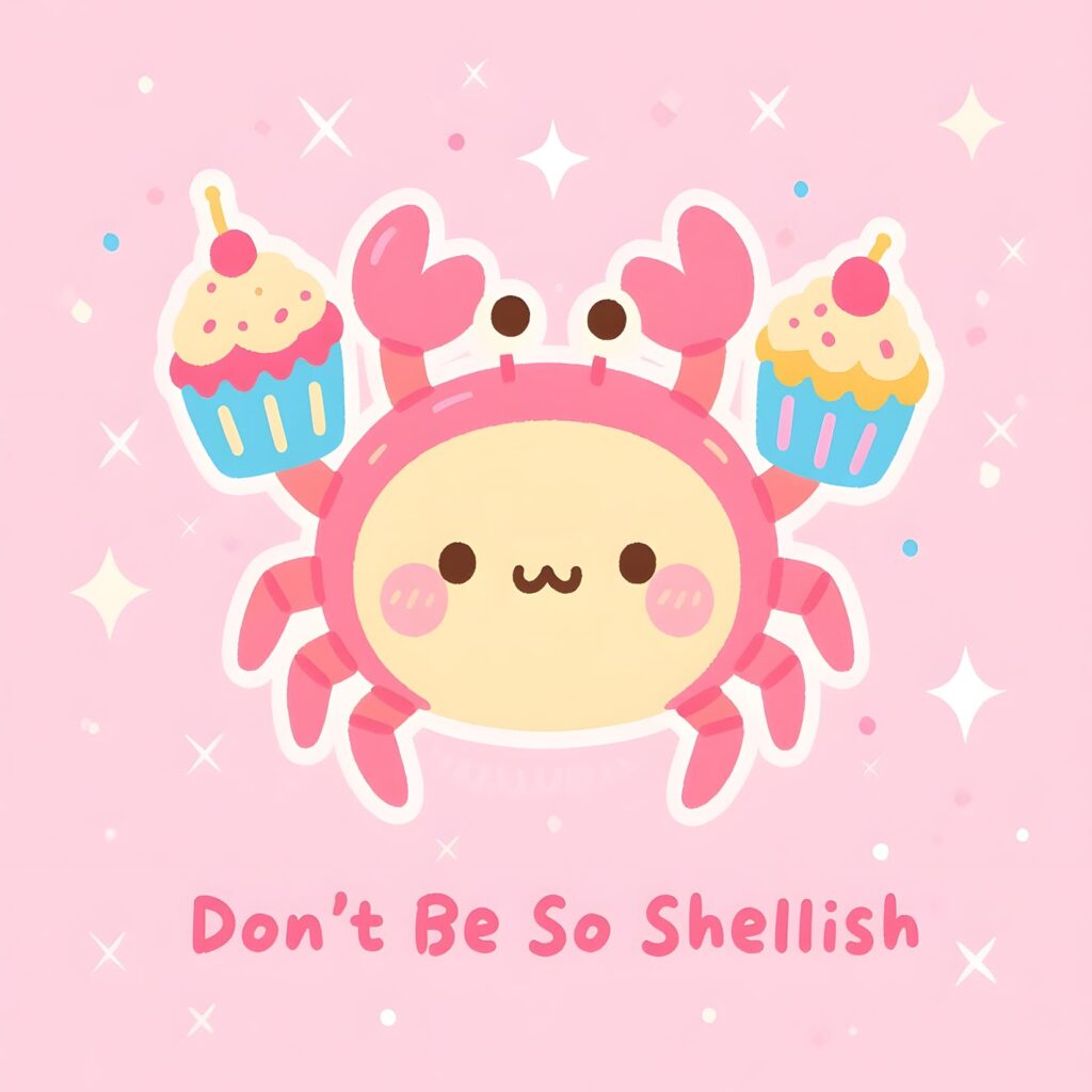 A playful crab illustration with the pun "Don't be so shellish" displayed prominently, emphasizing humor in marine life.