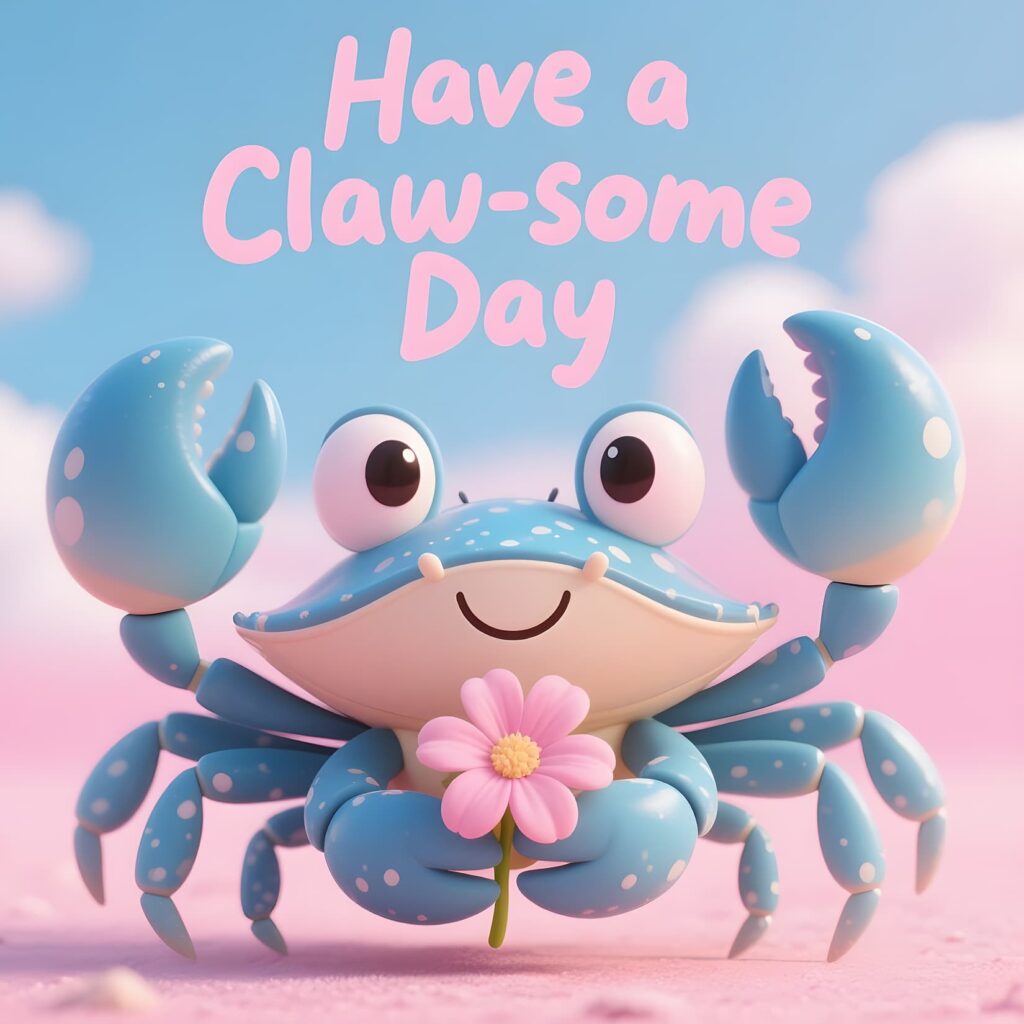 A playful crab illustration with the text "Have a claw-some day," featuring crab-themed puns and vibrant colors.