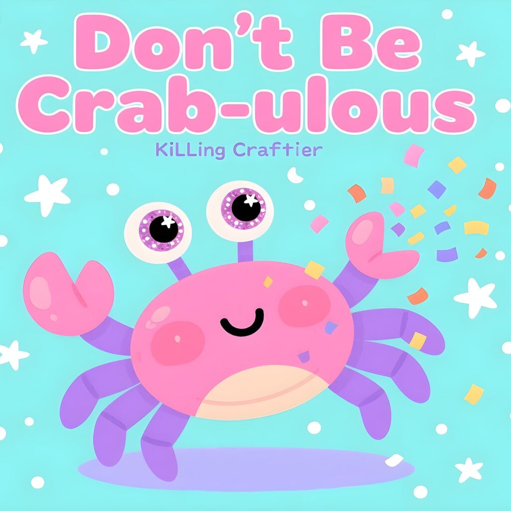 A cartoon crab with crafting tools, humorously cautioning against a "crabby" attitude while engaging in crafting activities.