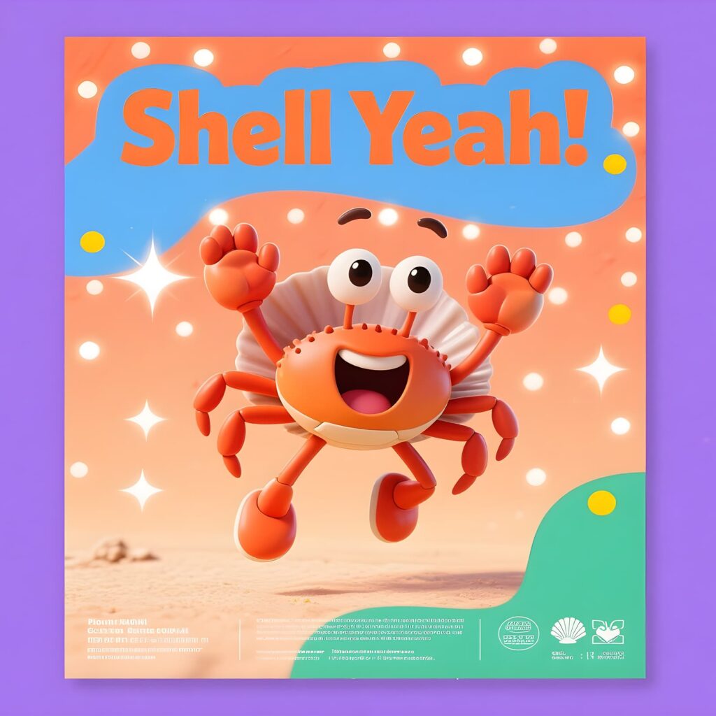 Vibrant poster displaying the phrase "Shell Yeah" with crab-themed puns, set against a fun, beach-inspired backdrop.