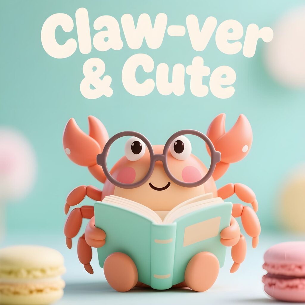 A crab wearing glasses reads a book on a table, surrounded by playful crab-themed puns