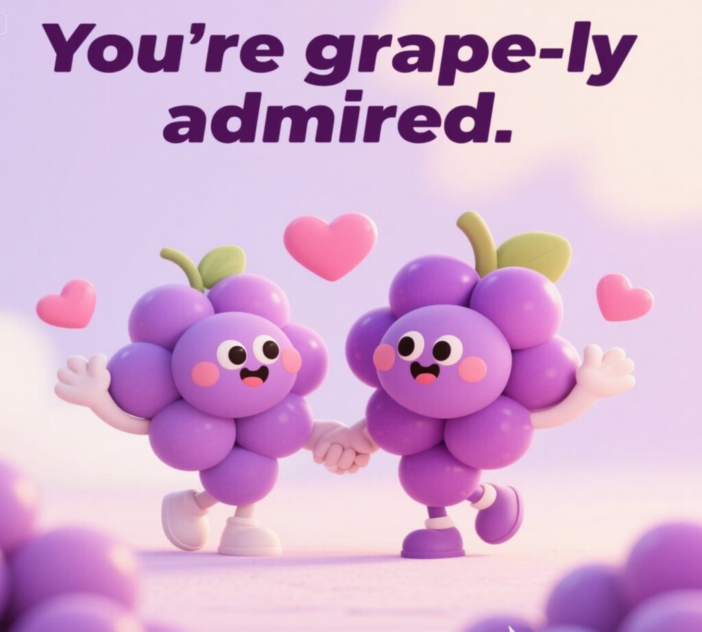 Bunch of grapes with playful expression and punny charm, perfect for grape puns.