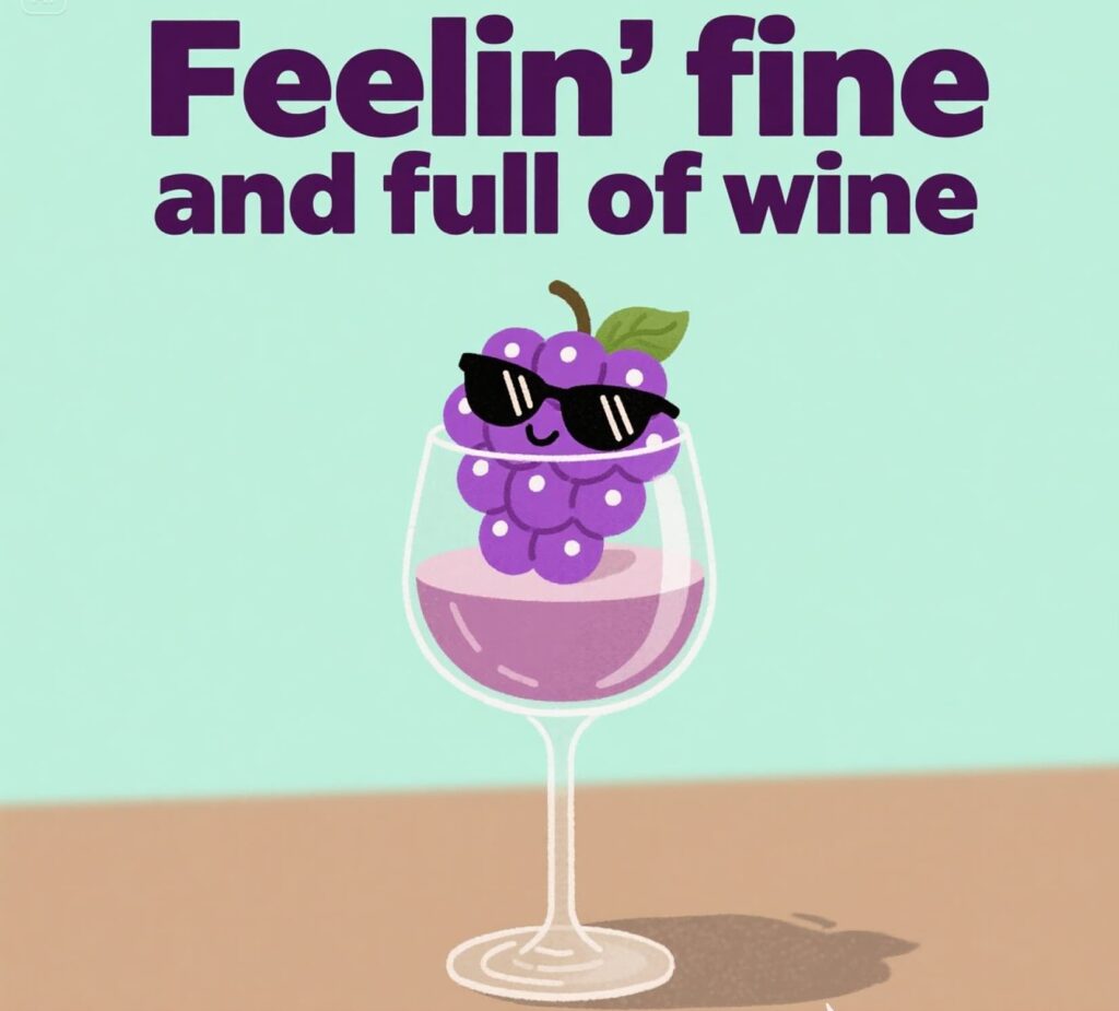 Wine glass with grapes and text "feelin fine and full of wine" grape puns.