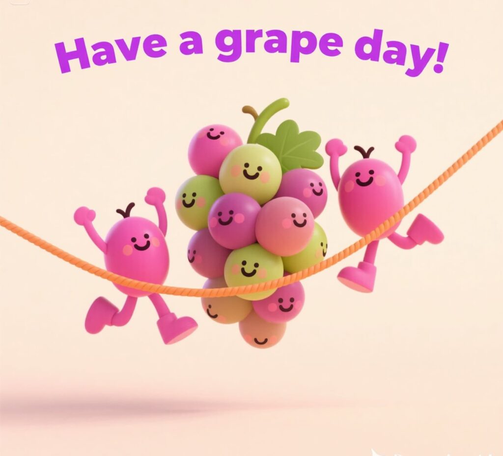 Fun illustration of vibrant grapes with the phrase "Have a grape day" with grape puns.