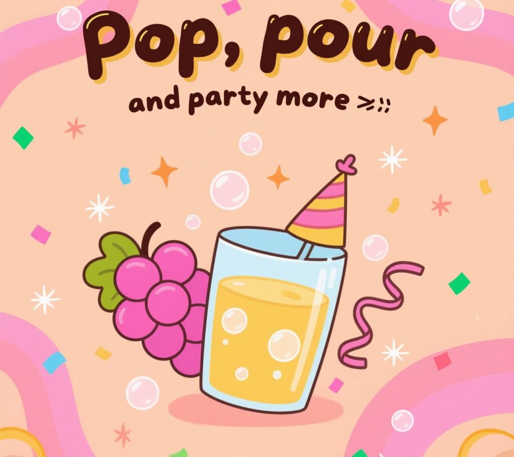 Playful grapes image with text "Pop, pour, and party more" showing fun grape puns.