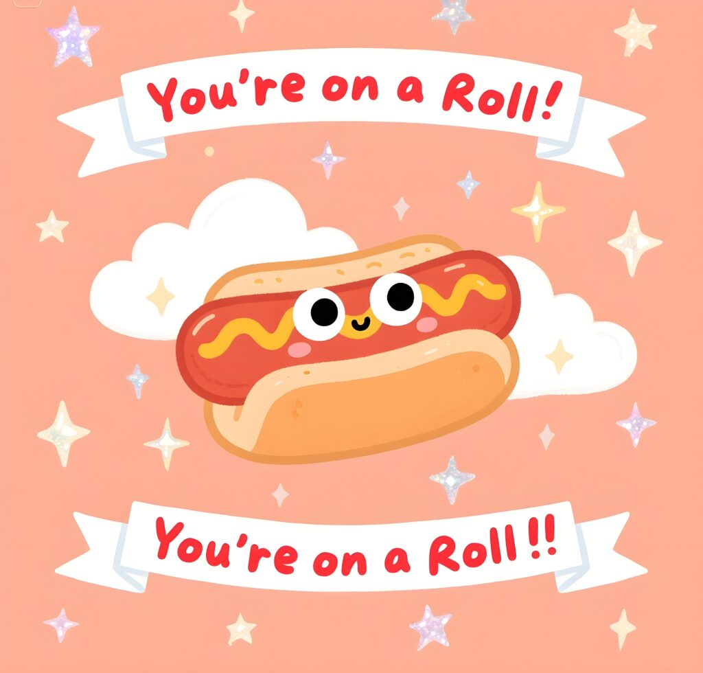 Cheerful Valentine's Day card showcasing a hot dog pun, "You're on a roll," surrounded by festive heart designs.
