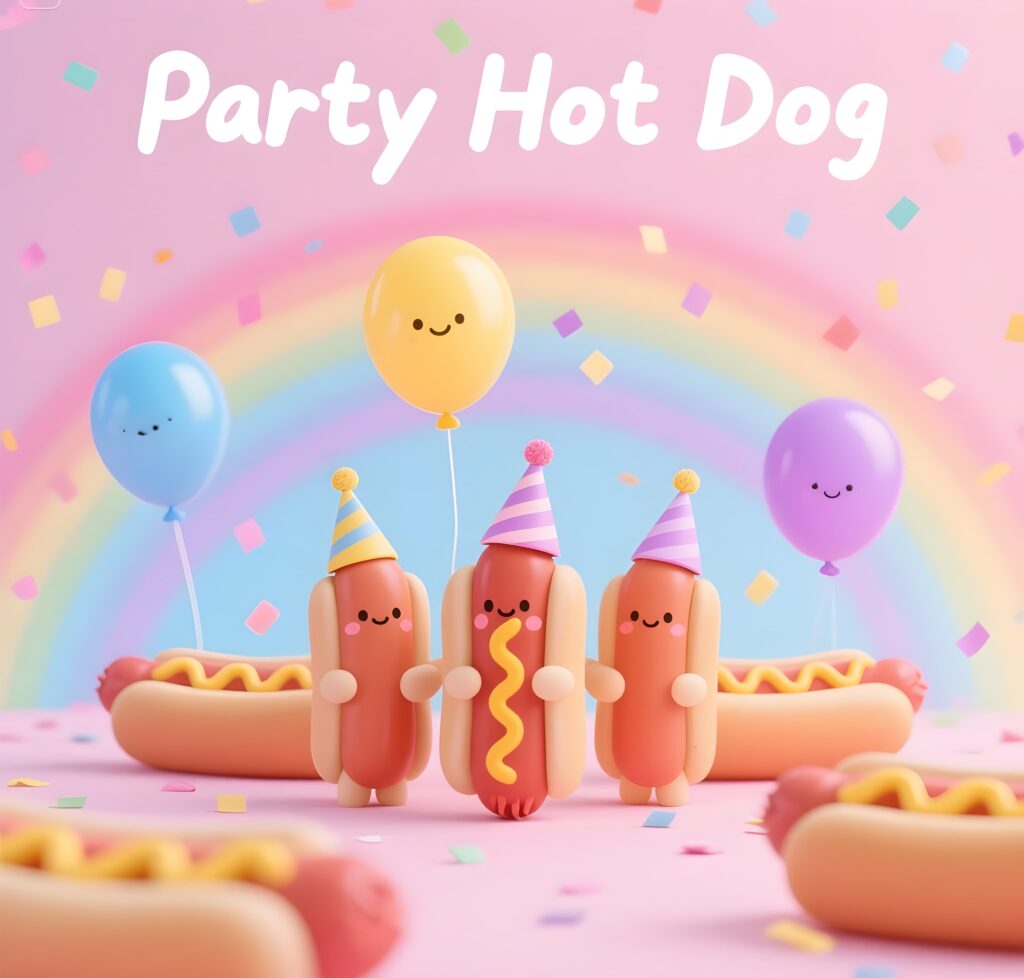 A cute, cartoon-style hot dog character wearing a party hat, surrounded by colorful confetti and playful text about hot dog puns.