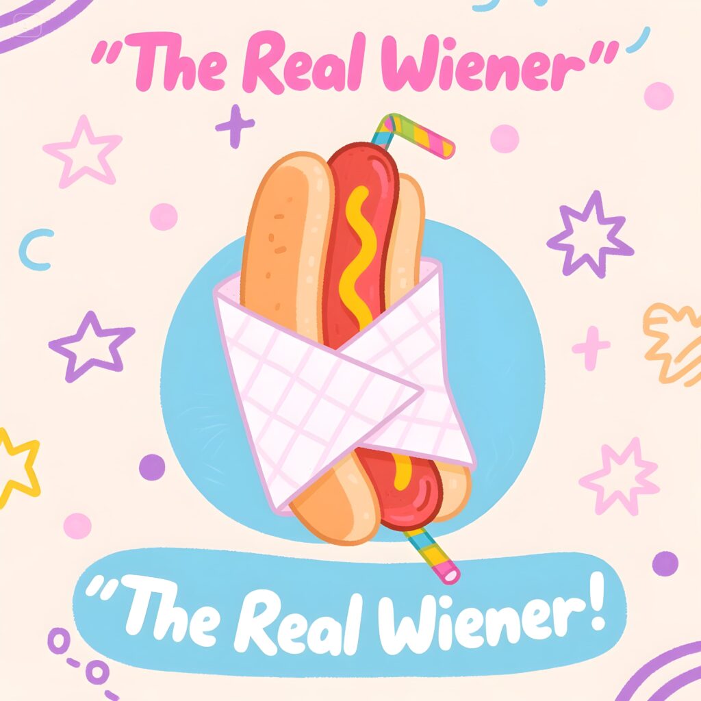 A playful hot dog pun featuring the phrase "the real wiener" in bold, colorful text against a fun background.