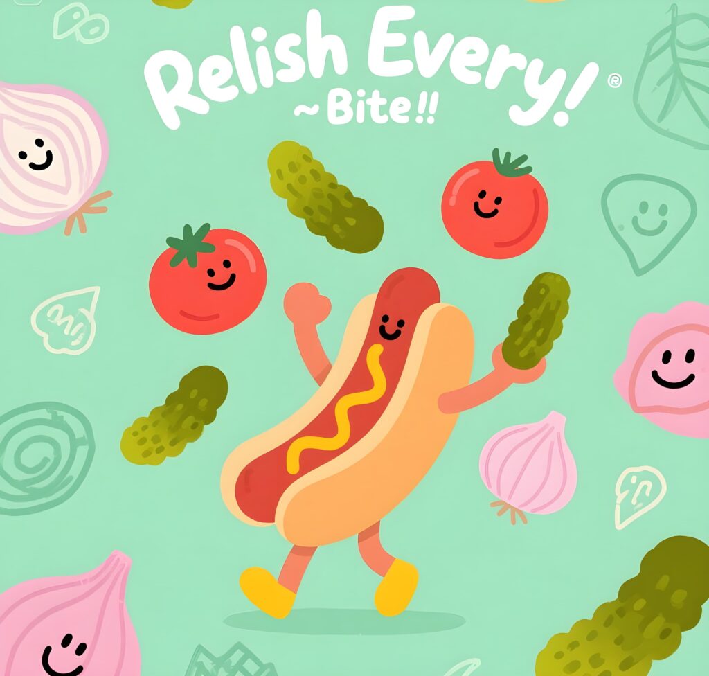 A cartoon hot dog joyfully runs through a colorful field of fresh vegetables, embodying playful food puns.