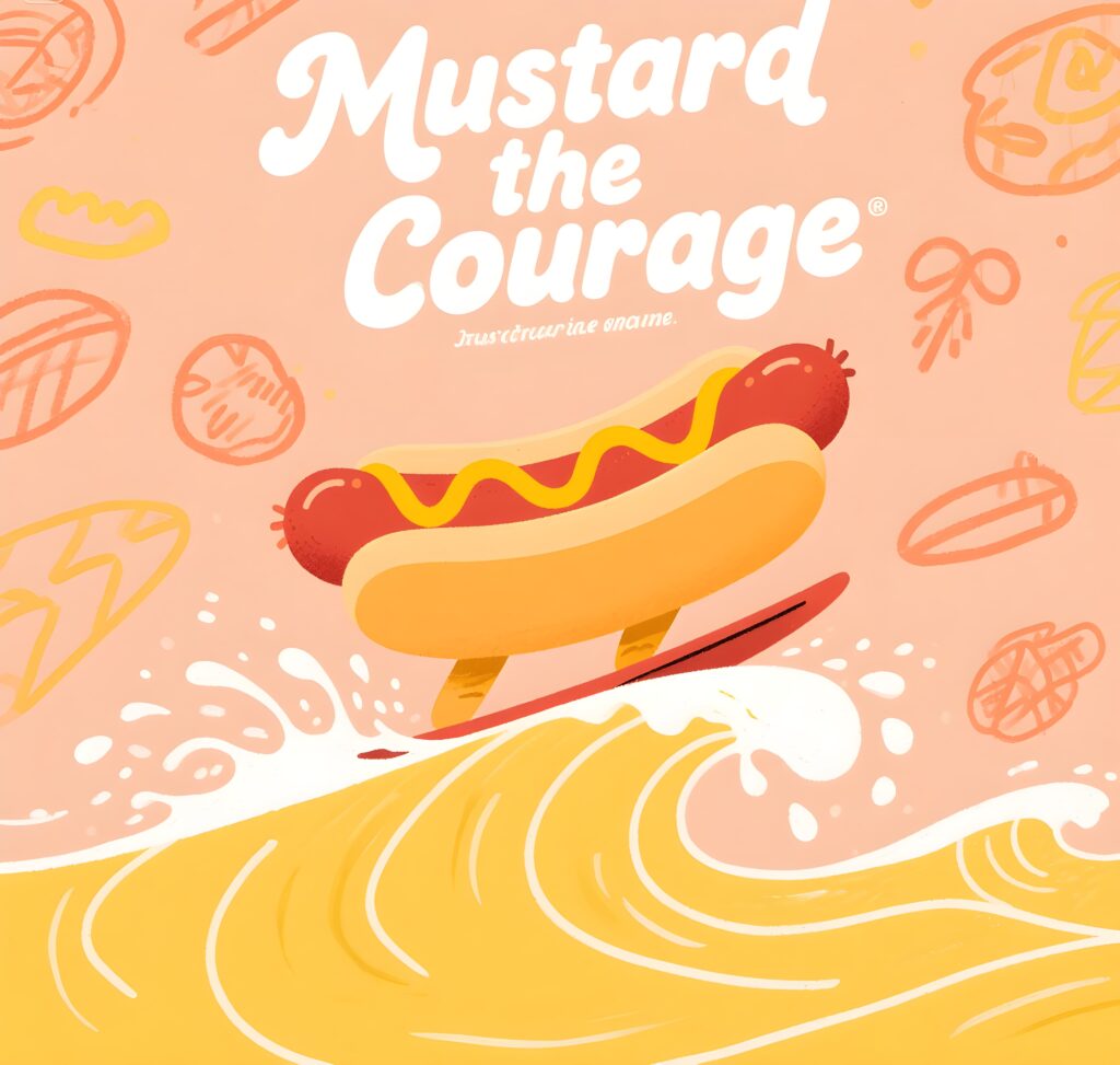 An amusing image of a hot dog drizzled with mustard, labeled "Mustard the courage," showcasing clever hot dog puns.
