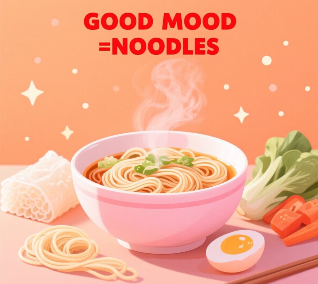 A vibrant bowl of noodles with chopsticks and fresh veggies, set against a pink backdrop, exuding good mood vibes