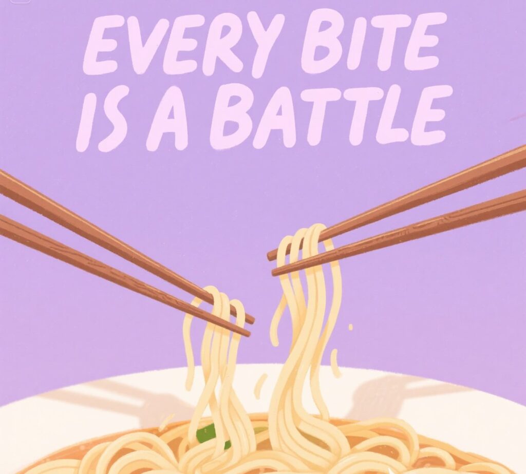 Playful image of noodles with the caption "every bite is a battle," showcasing fun noodle puns and humor