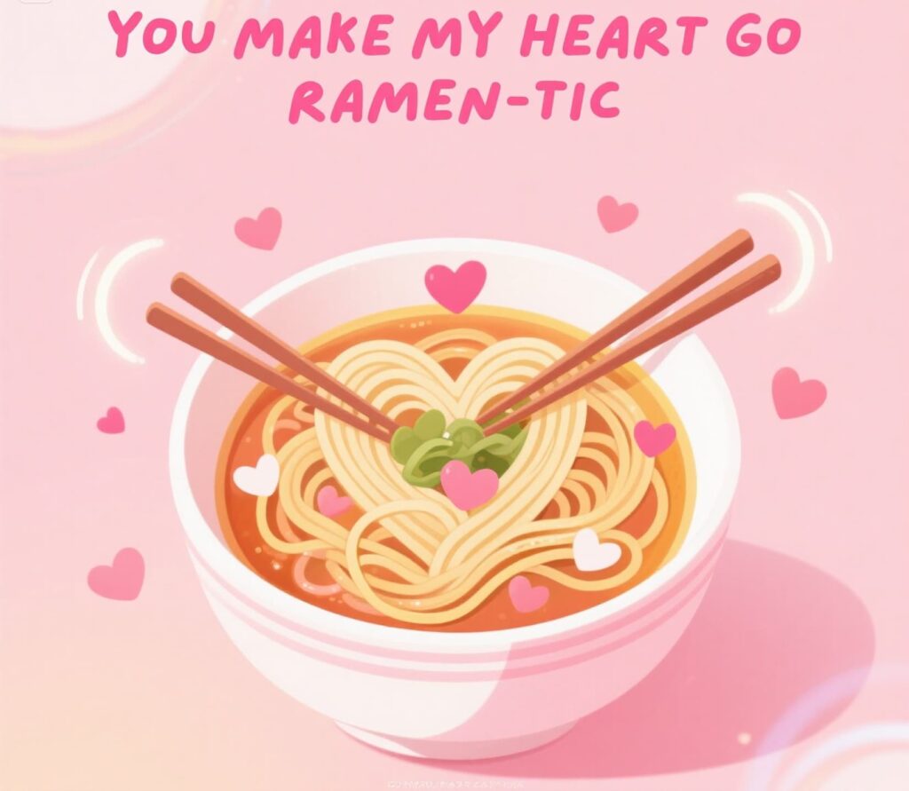 A whimsical illustration of ramen noodles with the phrase "You make my heart go ramen-tastic" in vibrant lettering.
