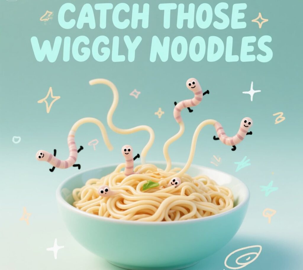 Wiggly noodles in a fun scene, encouraging you to catch them with a clever noodle pun