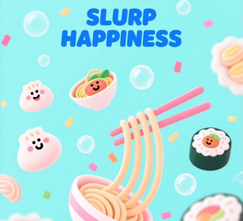 Colorful 3D noodles with the phrase "slurp happiness," highlighting a fun take on food puns and joy.