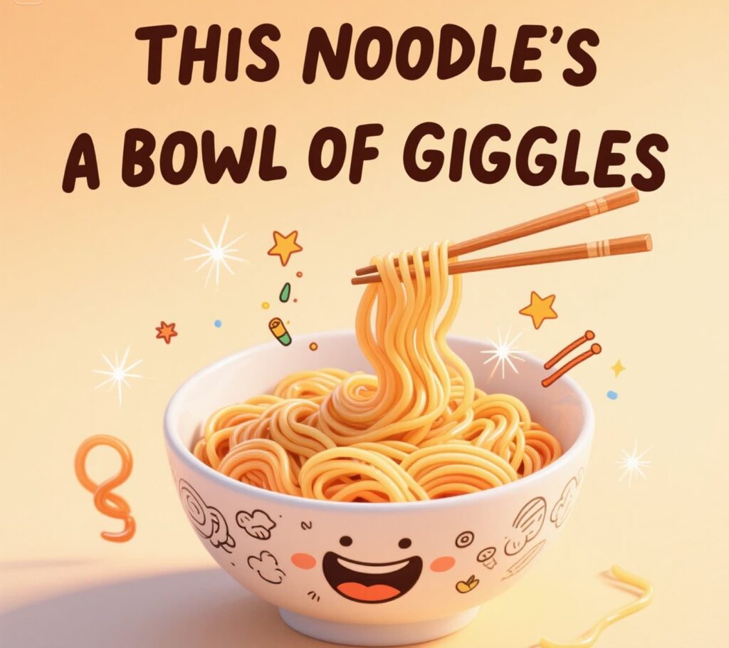 Cheerful bowl of noodles with a grin, showcasing the pun "this noodle's a bowl of giggles."