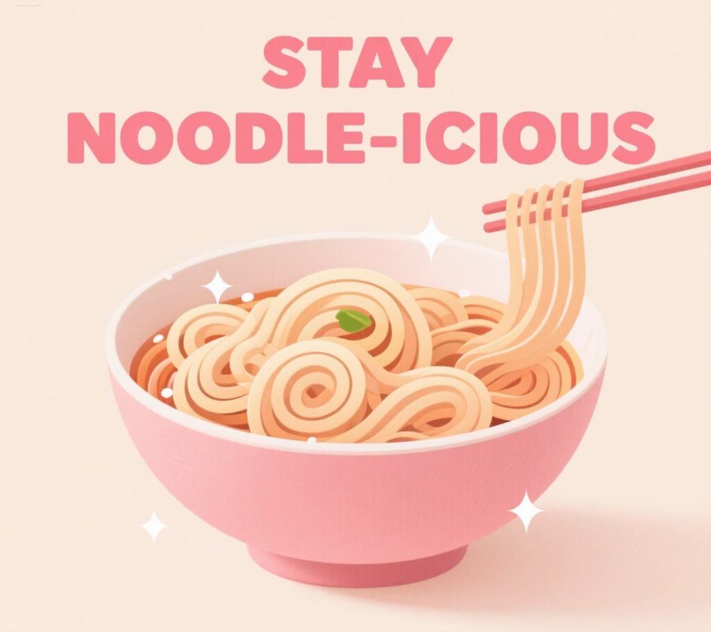 Playful noodle pun graphic with the phrase "stay noodle-icious" in fun, colorful lettering.