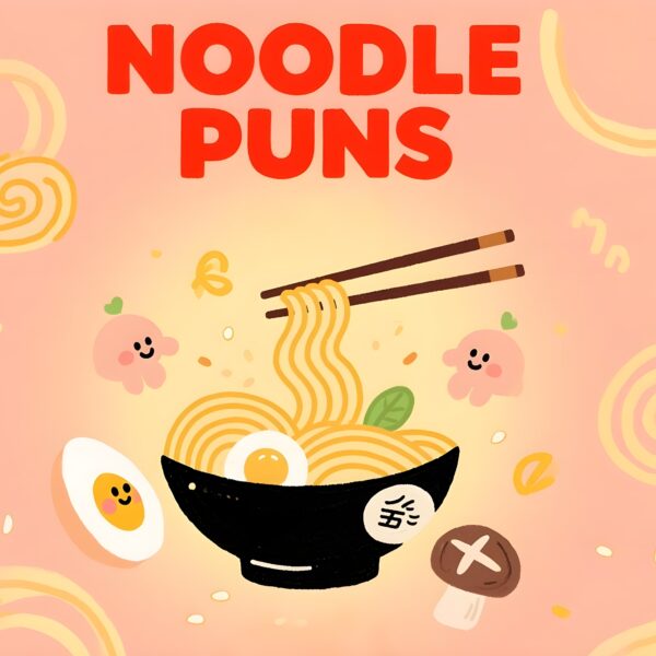 Colorful illustration of noodles with clever puns, blending humor and food in a delightful way.