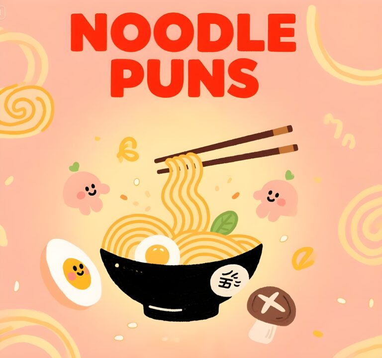 Colorful illustration of noodles with clever puns, blending humor and food in a delightful way.