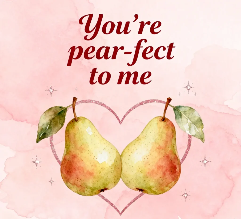 Whimsical Valentine card with pear shaped hearts spreading love and pear puns